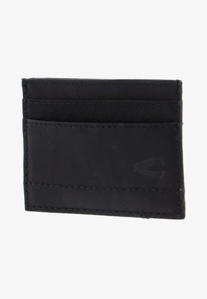 Porte-cartes en cuir noir avec plusieurs emplacements pour cartes, texture lisse et accents de couture. Forme rectangulaire compacte.