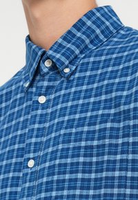 Camisa de botones en un patrón de cuadros azul. Fabricada en algodón tejido, con un cuello puntiagudo y botones blancos. Textura suave con un ligero brillo.