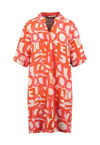 Short-sleeve dress in a vibrant orange and pink abstract letter print, featuring a notch collar and loose fit. Lightweight fabric.