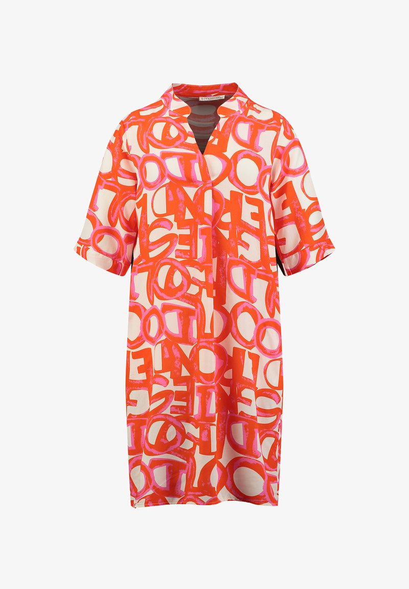 Kurzärmliges Kleid mit einem lebhaften orange-rosa abstrakten Buchstabenprint, das einen Ausschnittkragen und eine lockere Passform hat. Leichter Stoff.