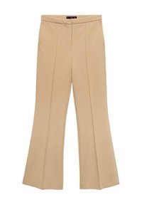 Pantaloni beige a palazzo in un tessuto morbido, con pieghe frontali e un design sartoriale, a vita alta e senza chiusure visibili.