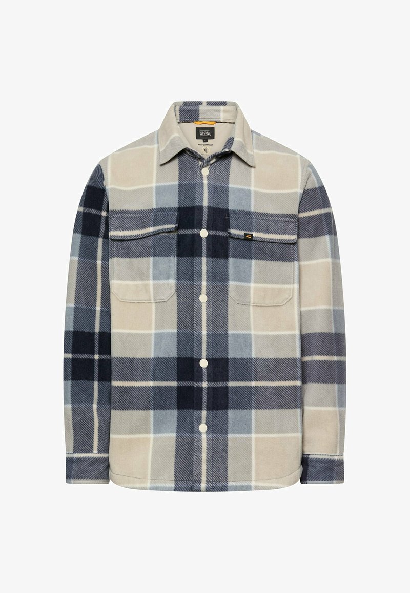 Geruit flanellen overhemd in beige, marineblauw en lichtblauw. Voorzien van twee borstzakken, knoopsluiting en een kraag. Zachte textuur, reguliere pasvorm.