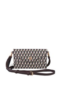 Sac à bandoulière rectangulaire en matériau synthétique à motifs, présentant des formes géométriques en crème, bleu et marron. Quincaillerie dorée et bandoulière réglable.