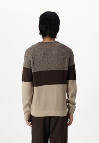 Maglione lavorato a maglia con strisce orizzontali in beige, marrone e marrone scuro. Materiale a coste con texture, collo a giro e maniche lunghe.
