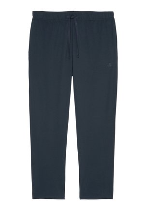 Navy blue, lightweight jogger pants with an elastic waistband and drawstring, featuring a subtle logo on the lower leg. Smooth texture.