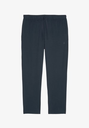 Navy blue, lightweight jogger pants with an elastic waistband and drawstring, featuring a subtle logo on the lower leg. Smooth texture.