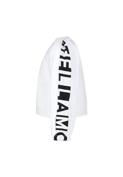 Felpa bianca con pannello laterale con testo nero, maniche lunghe, polsini a costine e dettaglio con zip sulla spalla.