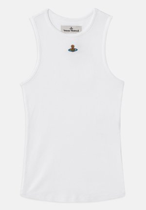 Weißes, geripptes, ärmelloses Tanktop mit rundem Ausschnitt und kleinem, mehrfarbigem Vivienne Westwood-Logo, das auf der Brust gestickt ist.