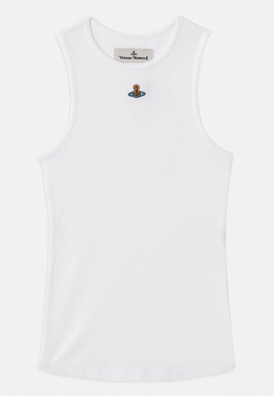 Biała, żebrowana, bezrękawnikowa koszulka z okrągłym dekoltem i małym, wielokolorowym haftem z logo Vivienne Westwood na piersi.