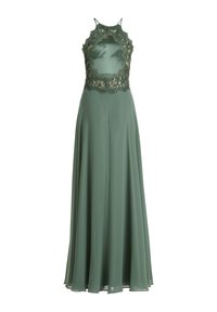 Długa zielona sukienka z dopasowaną koronkową górą i otwartymi plecami. Gładki materiał przechodzi w zwiewną spódnicę, z cienkimi regulowanymi ramiączkami.