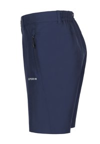 Pantalones cortos azul marino fabricados con tela ligera, con cintura elástica, bolsillo con cremallera lateral y detalle de logo en la parte frontal.