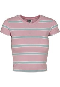 Top corto de manga corta rosa con rayas horizontales en azul claro y blanco. Hecho de algodón suave, tiene un escote redondeado y un diseño ajustado.