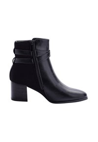 Stivaletto in pelle nera con tacco a blocco, zip laterale e fasce decorative attorno alla caviglia.