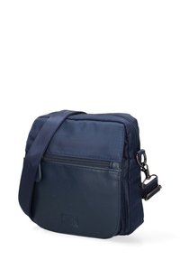 Borsa a tracolla blu realizzata in tessuto e pelle, con tasca frontale con zip, tracolla regolabile e design rettangolare semplice.