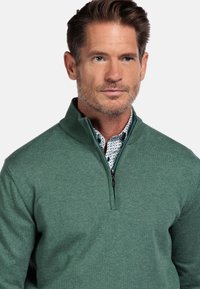 Groene pullover met ritssluiting in de kraag, gemaakt van gebreide stof, met een zachte textuur. Onder de pullover is een patroon kraag van een shirt zichtbaar.