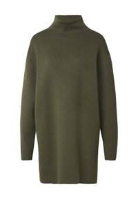 Gelber Olivgrüner Rollkragenpullover mit langen Ärmeln, lockerer Passform und gerippten Bündchen. Weiche Textur ohne sichtbare Muster oder Verzierungen.