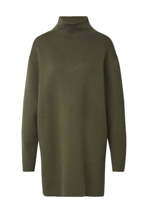 Gelber Olivgrüner Rollkragenpullover mit langen Ärmeln, lockerer Passform und gerippten Bündchen. Weiche Textur ohne sichtbare Muster oder Verzierungen.