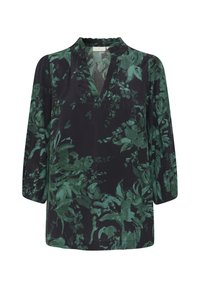 Haut noir à manches trois-quarts, avec un décolleté en V et un motif floral vert. Fabriqué en tissu léger et doux, avec une coupe décontractée.