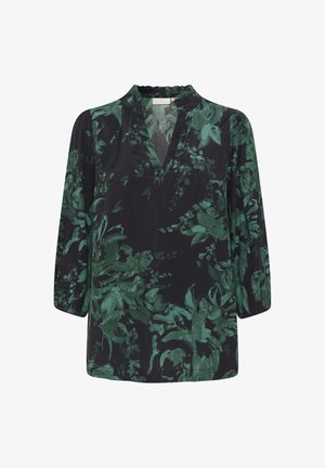 Czarna bluzka z rękawami o długości trzech kwart, z dekoltem w serek i zielonym wzorem kwiatowym. Wykonana z lekkiego, miękkiego materiału o luźnym kroju.