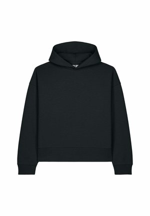 Sweat à capuche noir minimaliste à manches longues, avec une poche avant kangourou et une capuche simple, présenté sur un fond blanc uni.