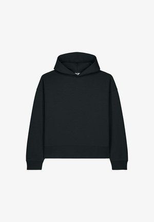 Sweat à capuche noir minimaliste à manches longues, avec une poche avant kangourou et une capuche simple, présenté sur un fond blanc uni.