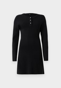 Black long-sleeve dress made of lightweight fabric, featuring a rounded neckline and three-button placket at the front. Smooth texture, knee-length.