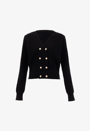 Zwarte korte cardigan van textuurgebreid materiaal met een diepe V-hals, voorzien van zes gouden knopen aan de voorkant en lange mouwen.