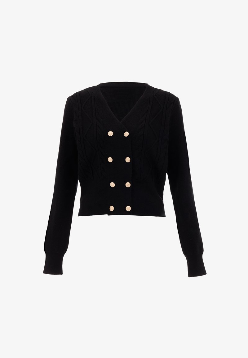 Fekete, rövidített kardigán texturált kötésben, mély V-nyakkal, elöl hat aranyszínű gombbal és hosszú ujjakkal.