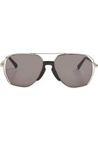 Sunglasses with octagonal gray lenses, silver metal frame, and black nose pad. Features thin temples with a sleek design.