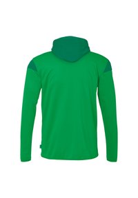 Kapuzensweatshirt in leuchtendem Grün, mit langen Ärmeln, glattem Material und dunkleren grünen Akzenten an den Schultern. Rückansicht dargestellt.