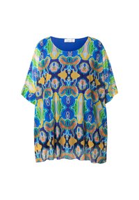 Blusa colorata con un vivace motivo floreale e astratto, vestibilità ampia, maniche corte e scollatura rotonda. Realizzata in tessuto leggero.
