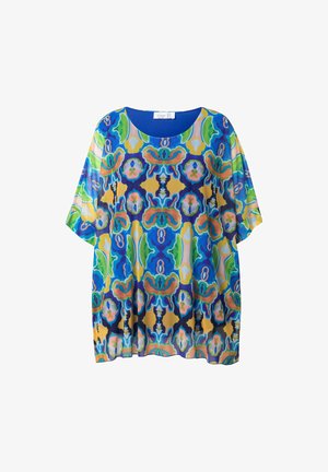 Bunte Bluse mit einem lebhaften Blumen- und abstrakten Muster, lockerer Schnitt, kurzen Ärmeln und einem runden Ausschnitt. Hergestellt aus leichtem Stoff.