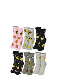 Set di 8 paia di calzini di cotone con fantasie giocose. I colori includono rosa, grigio, nero e vari design con emoji e pan di zenzero.