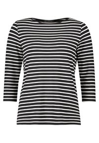Czarno-biały, paskowany top z długim rękawem i okrągłym dekoltem, wykonany z gładkiego materiału; ma równomiernie rozmieszczone poziome paski.