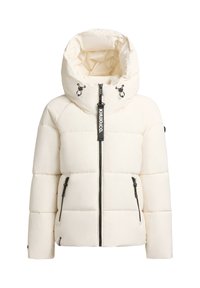 Weiße Pufferjacke mit hohem Kragen und Kapuze. Verfügt über einen Frontreißverschluss, zwei seitliche Reißverschlusstaschen und schwarze Hardware-Akzente.