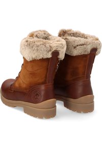 Braune Leder- und Wildleder-Stiefel bis zu den Knöcheln mit Kunstfellbesatz, abgerundeter Zehenpartie, Schnürung an der Vorderseite und strukturiertem Gummisohle mit Logoakzent.