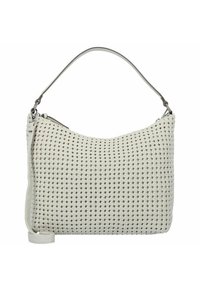 Sac à main tissé blanc en forme arrondie, avec une bandoulière en cuir lisse et une fermeture éclair. Surface texturée avec de petits motifs homogènes.