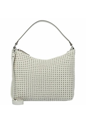 Geflochtener weißer Handtasche mit runder Form, ausgestattet mit einem glatten Ledertragegurt und einem Reißverschluss. Texturierte Oberfläche mit kleinen, gleichmäßigen Mustern.