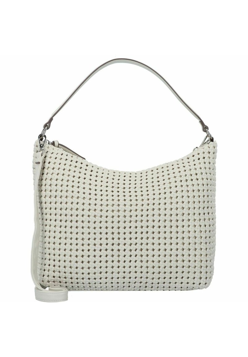 Sac à main tissé blanc en forme arrondie, avec une bandoulière en cuir lisse et une fermeture éclair. Surface texturée avec de petits motifs homogènes.