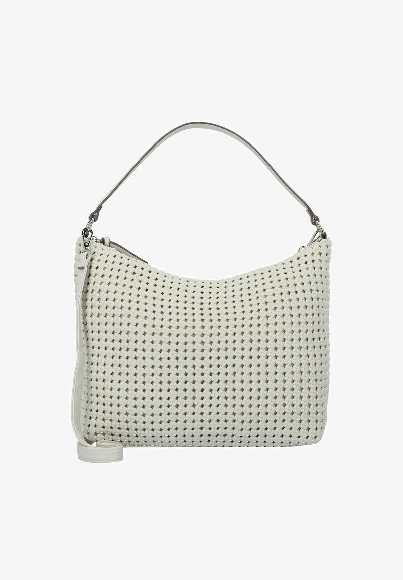 Geflochtener weißer Handtasche mit runder Form, ausgestattet mit einem glatten Ledertragegurt und einem Reißverschluss. Texturierte Oberfläche mit kleinen, gleichmäßigen Mustern.