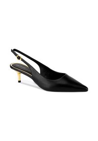 Mustade nahast slingback-kontsadega jalatsid, millel on terav nina, saledad kuldsed kontsad ja ümmargune kullast aksent rihmal. Sile tekstuur ja elegantne disain.