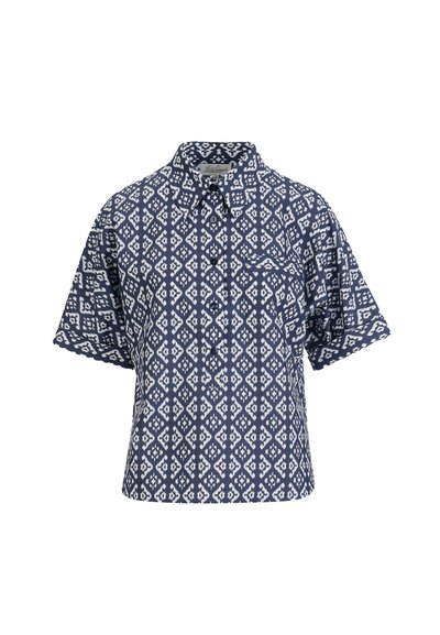 Tamsiai mėlyna trumpomis rankovėmis mygtukais užsegama marškinėliai su baltu geometriniu deimanto raštu ir viena krūtinės kišene.