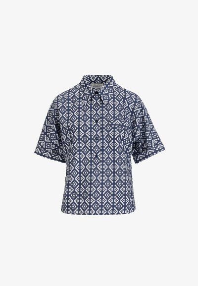 Tamsiai mėlyna trumpomis rankovėmis mygtukais užsegama marškinėliai su baltu geometriniu deimanto raštu ir viena krūtinės kišene.