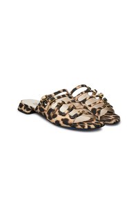 Leopard print slides with multiple narrow straps, gold hardware accents, and a low stacked heel. Smooth material with an open toe design.