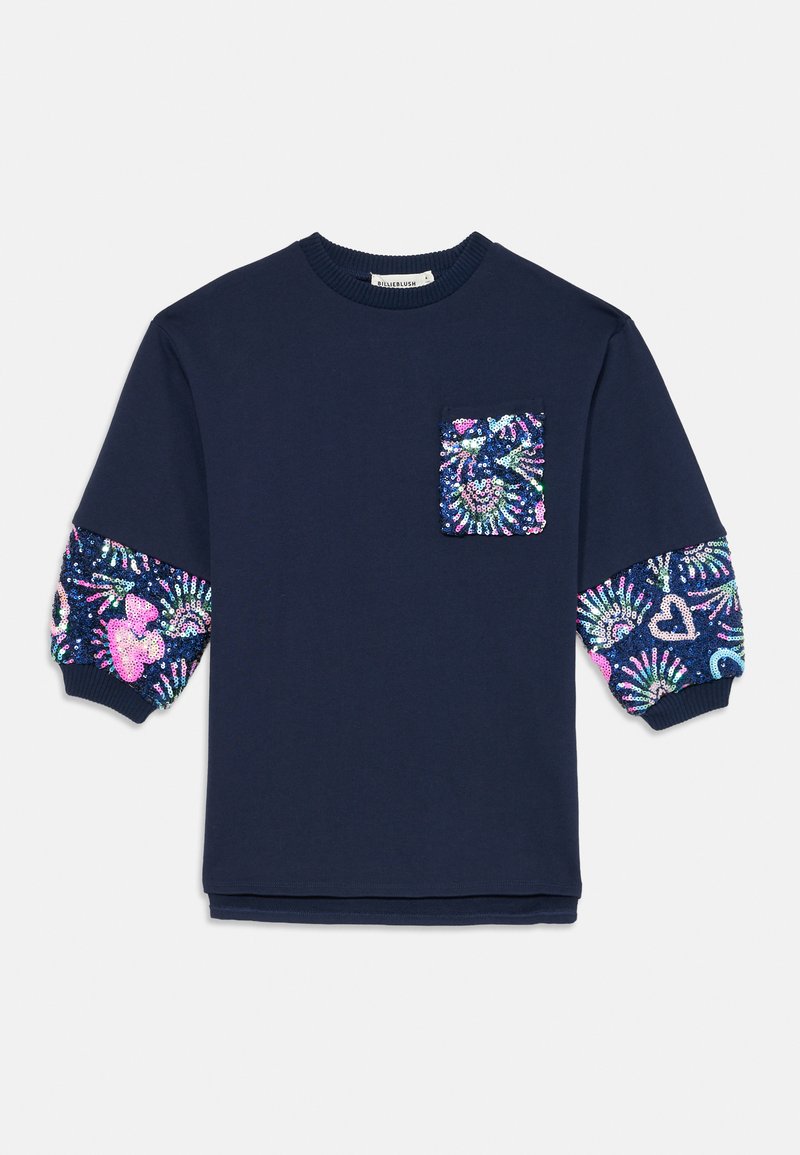 Sweatshirt bleu marine avec une poche texturée et des motifs en sequins sur les manches représentant des cœurs et des tourbillons. Matière douce, design à col rond.