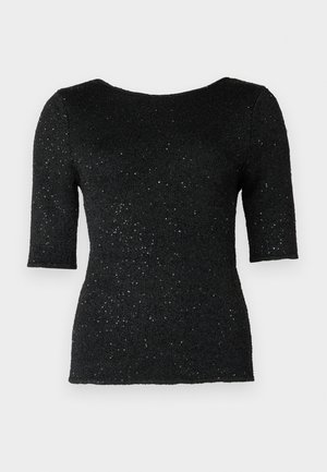 Sort strikket top med korte ærmer, der har en struktureret overflade og spredte metalliske tråde for en subtil glans. Klassisk rund halsudskæring.