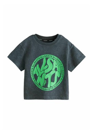 Sötétszürke pamut póló, nagy, kör alakú, élénkzöld grafikával, stilizált szöveggel, rövid ujjú, kerek nyakkivágással.