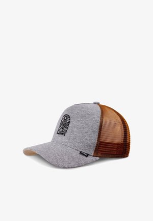 Szara czapka baseballowa z siateczkowym pomarańczowym tyłem. Posiada czarny graficzny logo z przodu oraz brązowy daszek. Prosty, casualowy design.