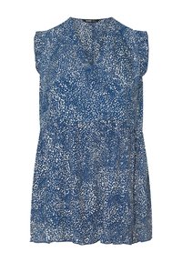 Abito blu con motivo, caratterizzato da un collo tondo, maniche corte a volant e una silhouette fluida con dettagli in stampa leopardata bianca.