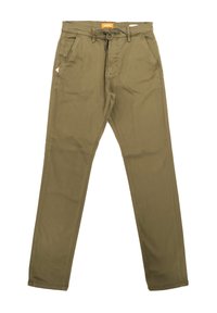 Pantalones de algodón verde oliva con un diseño de pierna recta, que cuentan con dos bolsillos frontales, una cintura con cordón y un branding sutil.
